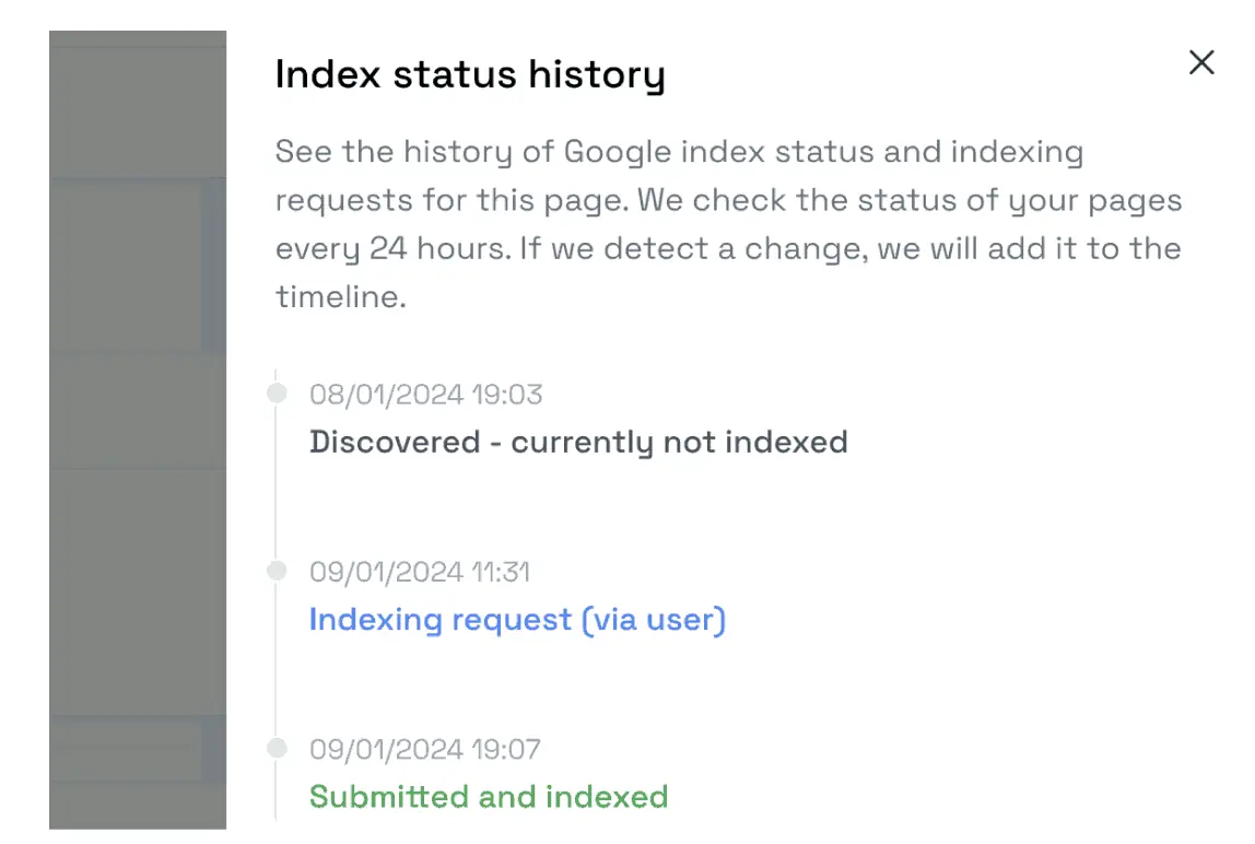 Real-time indexing status timeline showing page index progress